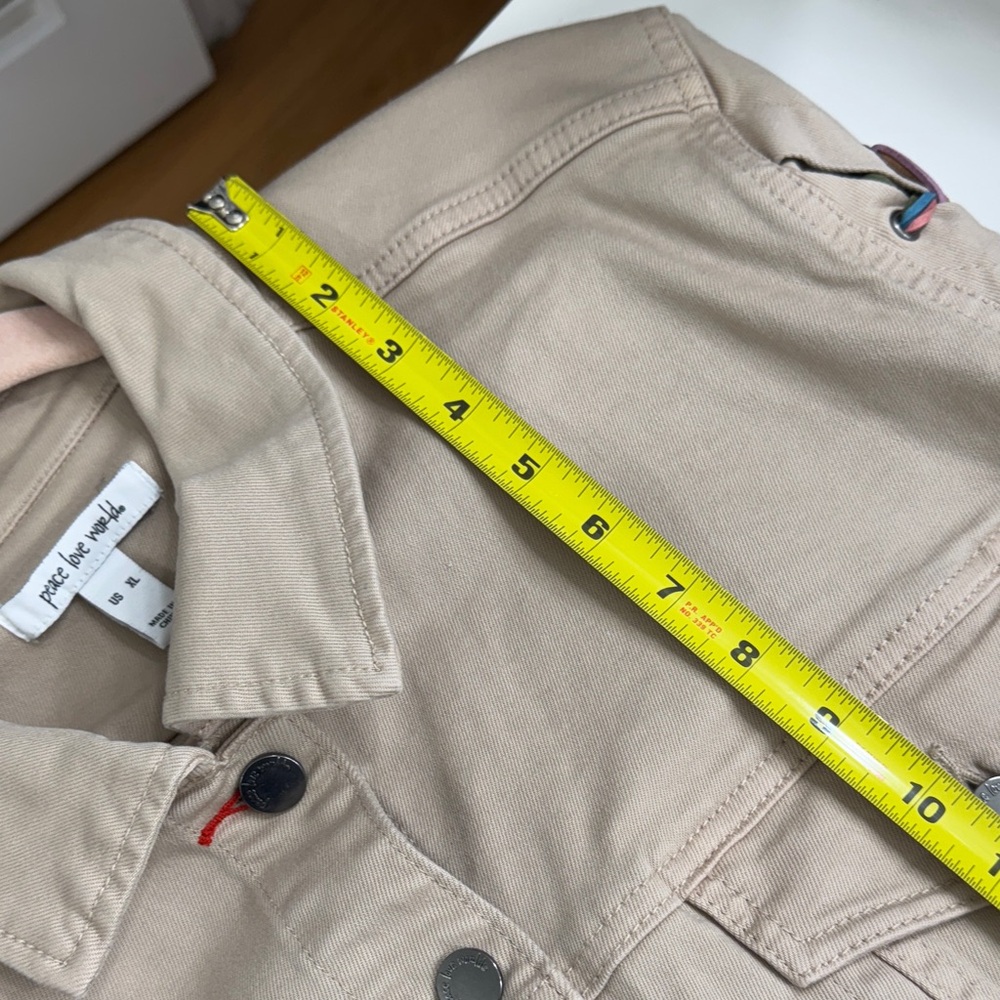 Peace Love World Cream Jean Jacket with Colorful Lace-Up Sleeves - Picture 14 of 15